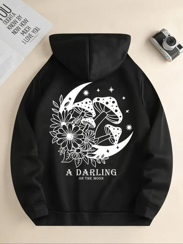 Women'WB shield Mushroom & Floral Print Drawstring Hoodie, Casual Letter Print Long Sleeve Hooded Sweatshirt for Daily...