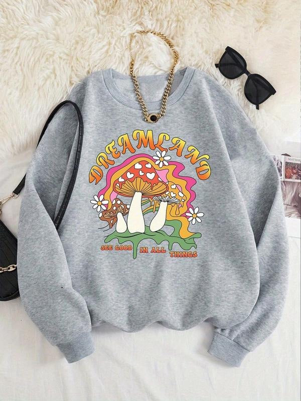 Women'WB shield Mushroom & Letter Print Drop Shoulder Sweatshirt, Casual Long Sleeve Round Neck Pullover for Fall &...