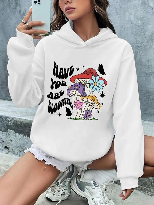 Women'WB shield Mushroom & Letter Print Hoodie, Fashion Casual Drop Shoulder Sweatshirt for Daily Holiday Outdoor Wear,...
