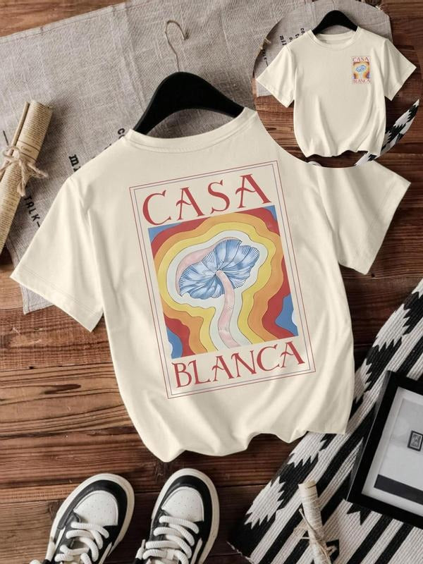 Women'WB shield Mushroom & Letter Print Round Neck Graphic Tee, Vintage Trendy Casual Short Sleeve T-shirt for Daily...