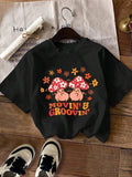 Women'WB shield Mushroom & Letter Print Round Neck Tee, Fashion Casual Drop Shoulder Short Sleeve T-shirt for Daily Wear,...