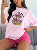 Women'WB shield Mushroom & Letter Print Round Neck Tee, Trendy Casual Drop Shoulder Half Sleeve T-shirt for Daily Wear,...