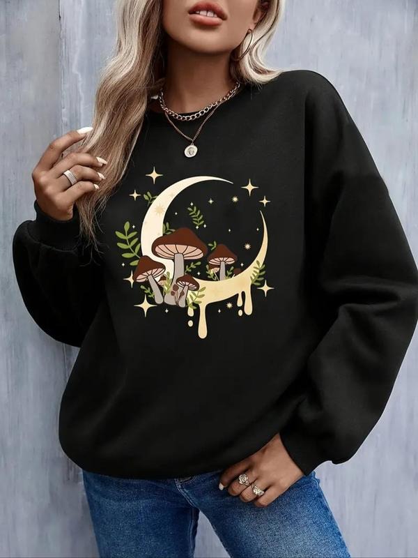 Women'WB shield Mushroom & Moon Print Drop Shoulder Sweatshirt, Casual Long Sleeve Round Neck Pullover for Daily Wear,...