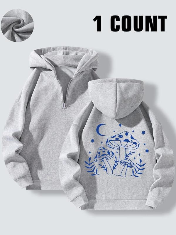 Women'WB shield Mushroom Print Drop Shoulder Zip Up Hoodie, Fashion Casual Long Sleeve Hooded Sweatshirt for Daily...
