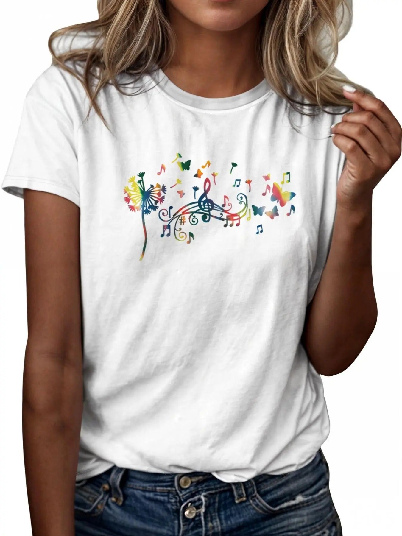 Women'WB shield Music Note Graphic Print Round Neck Tee, Fashion Casual Short Sleeve T-shirt, Ladies Summer TNF for Daily...