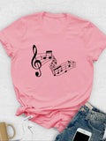 Women'WB shield Music Note Print Round Neck Tee, Fashion Casual Short Sleeve T-shirt for Summer, Ladies TNF for Daily...