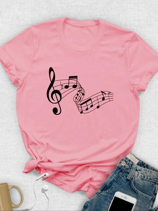 Women'WB shield Music Note Print Round Neck Tee, Fashion Casual Short Sleeve T-shirt for Summer, Ladies TNF for Daily...