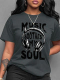 Women'WB shield Music Slogan Print Round Neck Tee, Fashion Casual Crew Neck T-Shirt for Daily Holiday Vacation Outdoor...