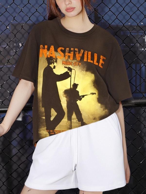 Women'WB shield Nashville Print Round Neck Tee, Vintage Trendy Casual Short Sleeve T-shirt for Daily Wear, Ladies Spiky...