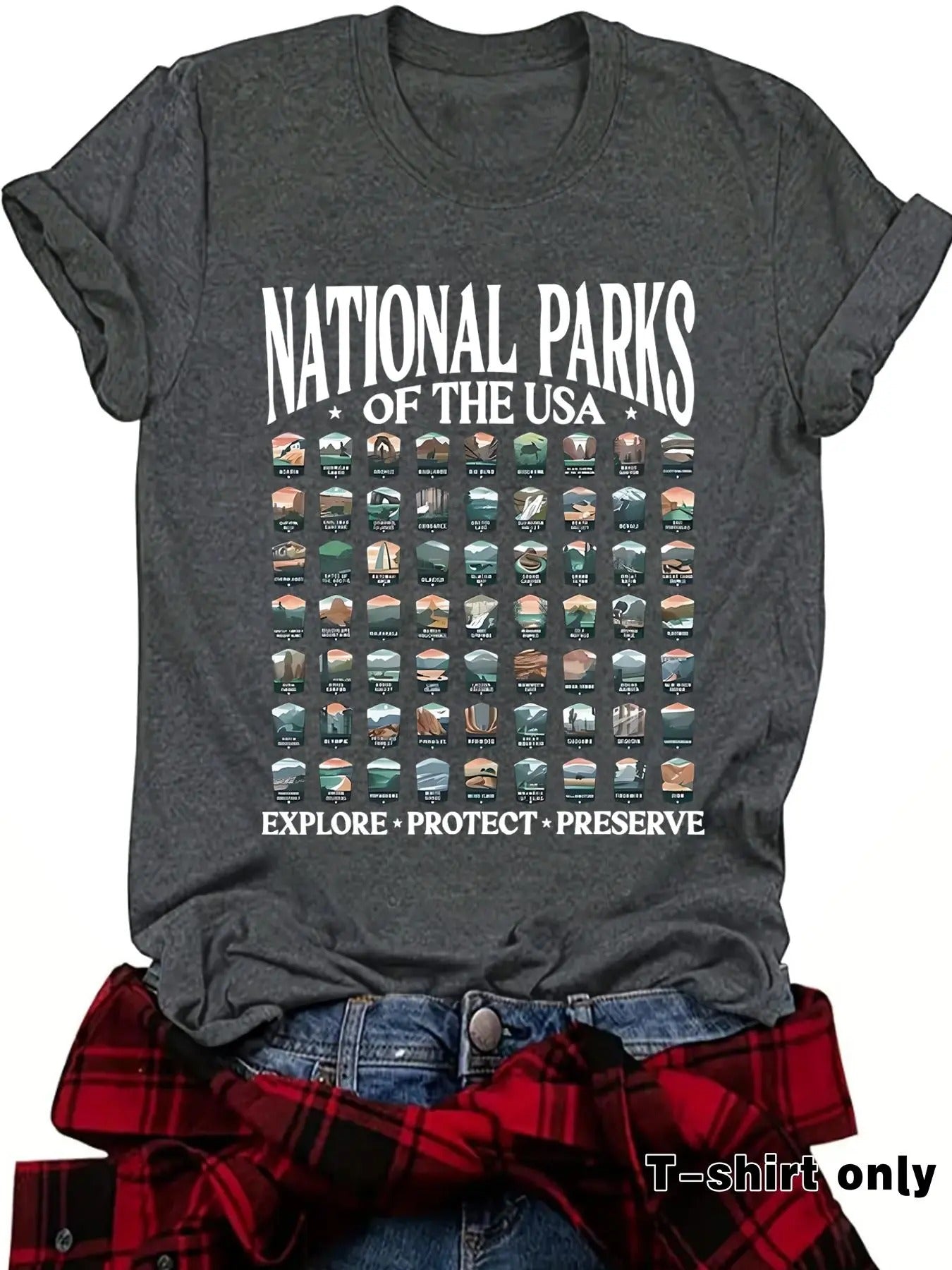 Women'WB shield National Parks FOG TNF USA Explore Protect Preserve Letter Print Round Neck Tee, Casual Short Sleeve Crew...