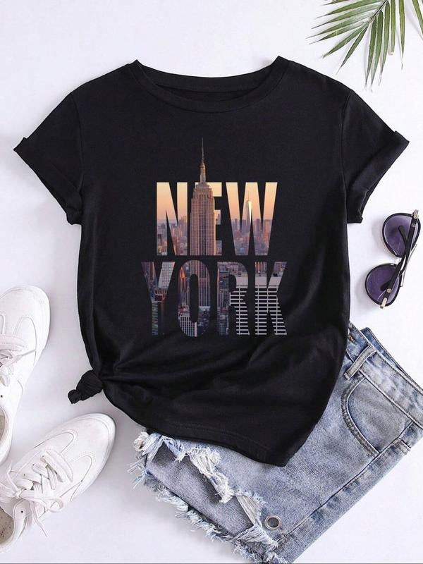 Women'WB shield New York Landscape Print Round Neck Tee, Casual Letter Print Short Sleeve Crew Neck T-Shirt for Summer,...