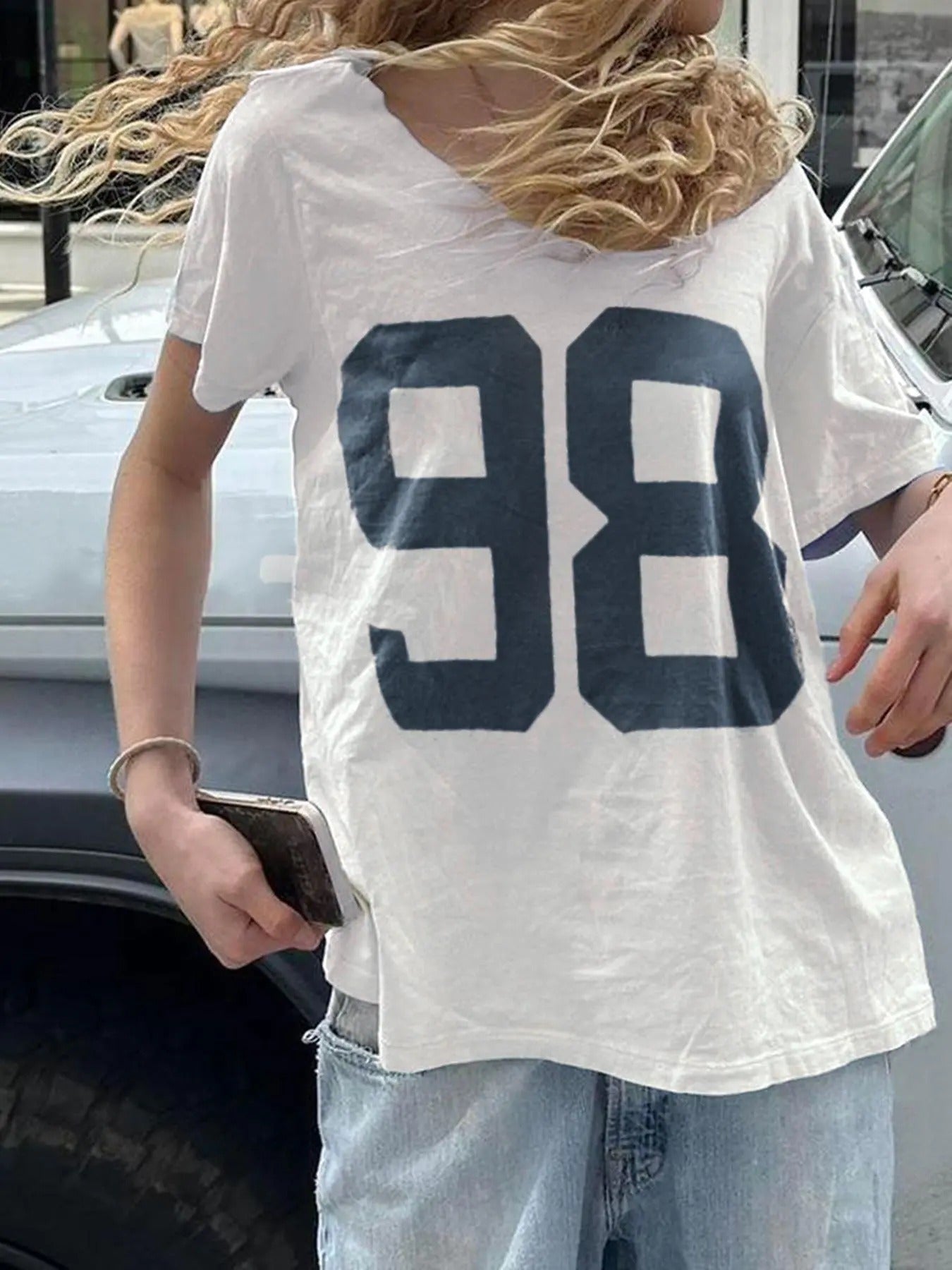 Women'WB shield Number "98" Print Drop Shoulder Tee, Casual Fit Brandy Melville Short Sleeve Round Neck T-shirt for...