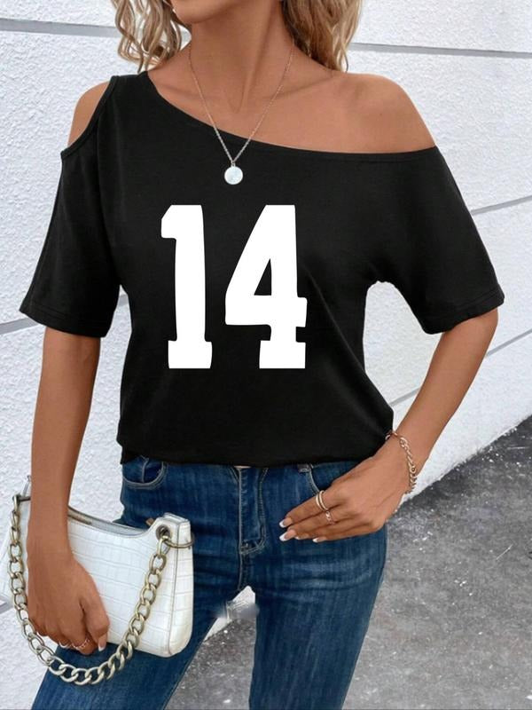 Women'WB shield Number Print Asymmetrical Neck Tee, Casual Figure Print Short Sleeve T-Shirt for Summer, Fashion Women'WB...
