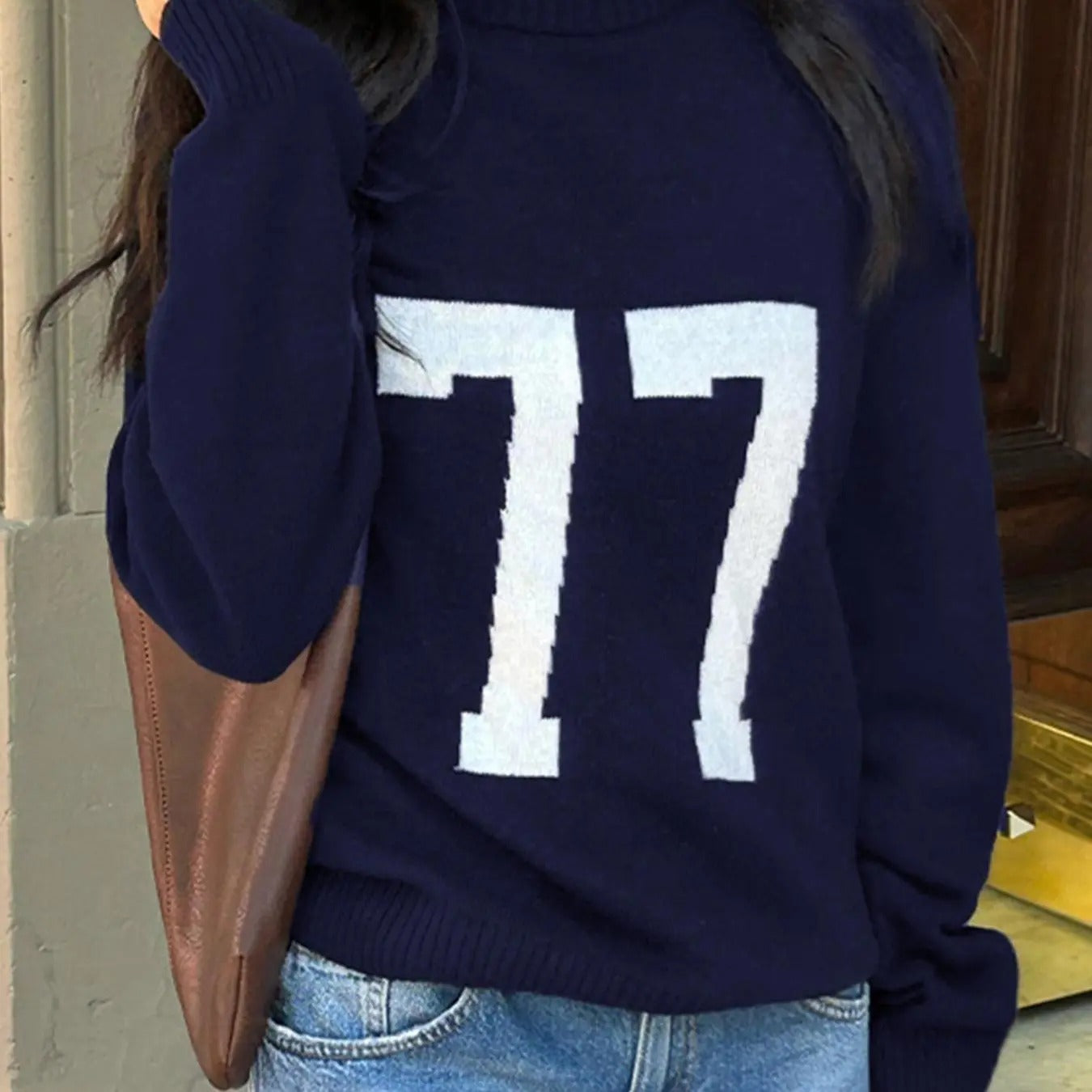 Women'WB shield Number Print Drop Shoulder Sweater Pullover, Casual Long Sleeve Round Neck Jumper for Daily Wear, Ladies...