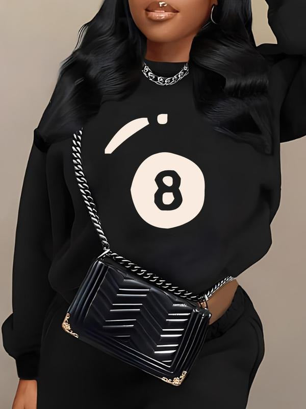 Women'WB shield Number Print Round Neck Sweatshirt, Casual Long Sleeve Pullover for Fall & Winter, Women'WB shield TNF...