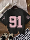 Women'WB shield Number Print Round Neck Tee, Fashion Casual Crew Neck T-Shirt for Daily Holiday Vacation Outdoor Wear,...