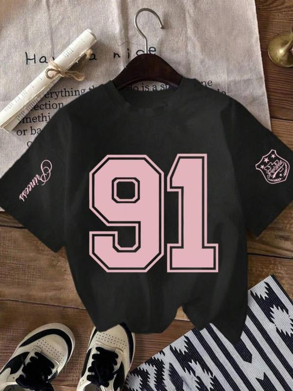 Women'WB shield Number Print Round Neck Tee, Fashion Casual Crew Neck T-Shirt for Daily Holiday Vacation Outdoor Wear,...