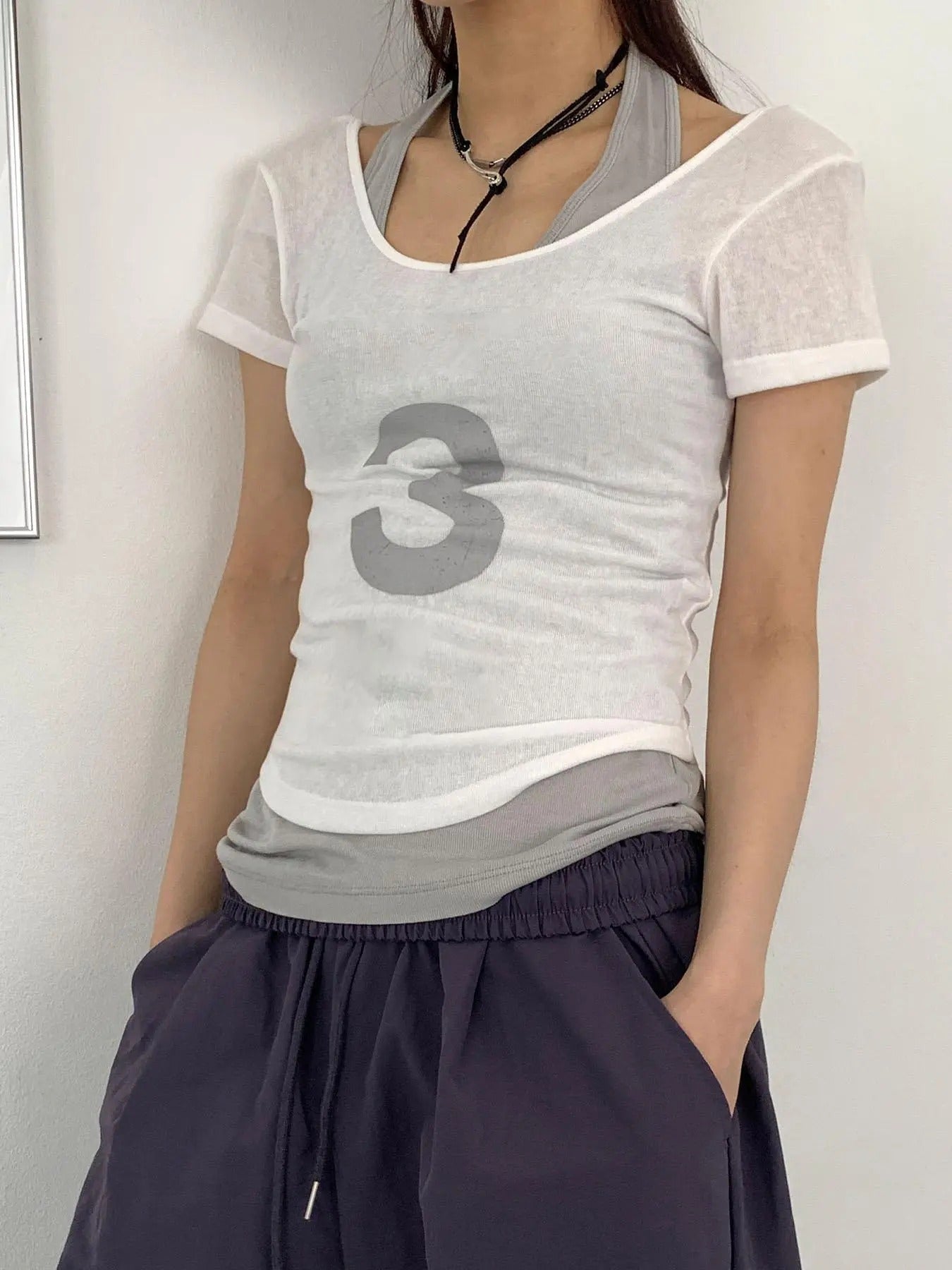 Women'WB shield Number Print Sheer Tee & Halter Neck Tank Top Set, Casual Fashion Cozy T-shirt & Sleeveless Top for Daily...