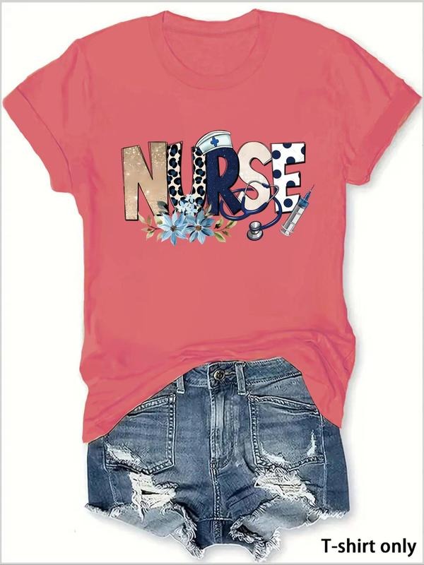 Women'WB shield Nurse Print Round Neck Tee, Fashion Casual Crew Neck T-Shirt for Daily Holiday Vacation Outdoor Wear,...