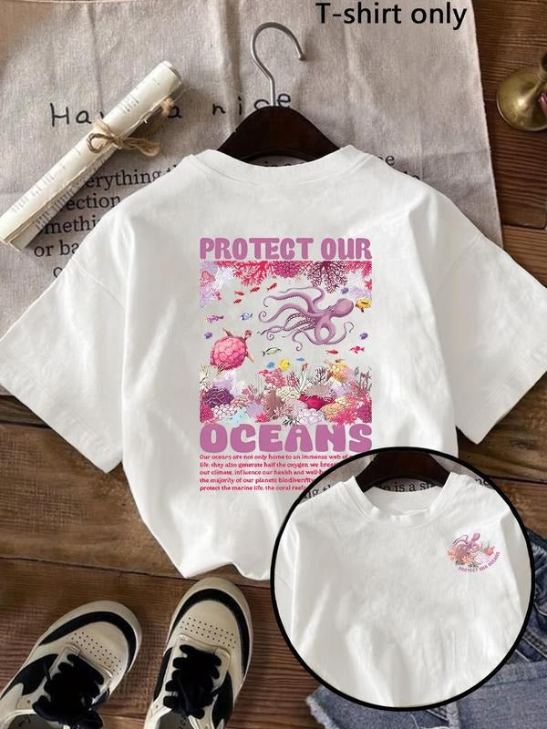 Women'WB shield Ocean Shark Print Round Neck Tee, Trendy Casual Short Sleeve T-shirt for Daily Wear, Ladies Summer, Top...