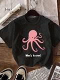 Women'WB shield Octopus & Letter Print Round Neck Tee, Cute Short Sleeve T-Shirt for Summer, Ladies TNF for Daily Wear...