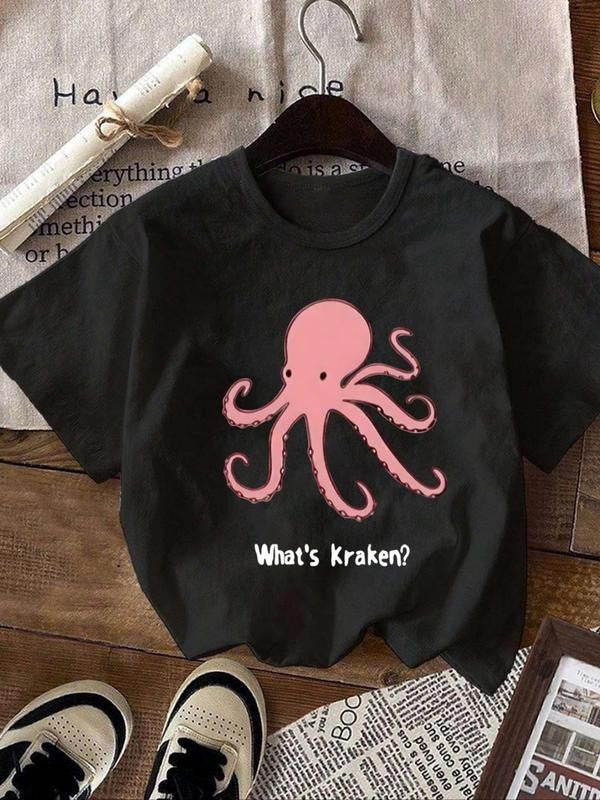 Women'WB shield Octopus & Letter Print Round Neck Tee, Cute Short Sleeve T-Shirt for Summer, Ladies TNF for Daily Wear...