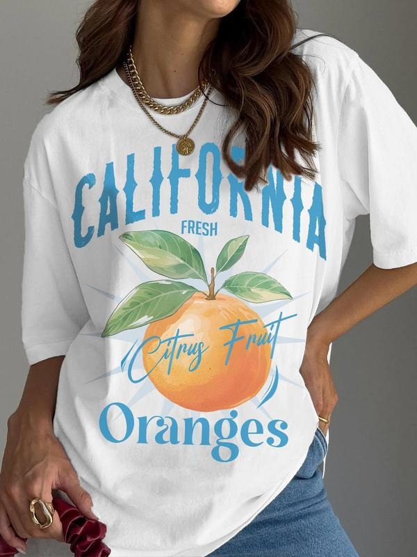 Women'WB shield Orange & Letter Print Round Neck Tee, Casual Fruit Graphic Short Sleeve T-Shirt for Summer, Ladies TNF...