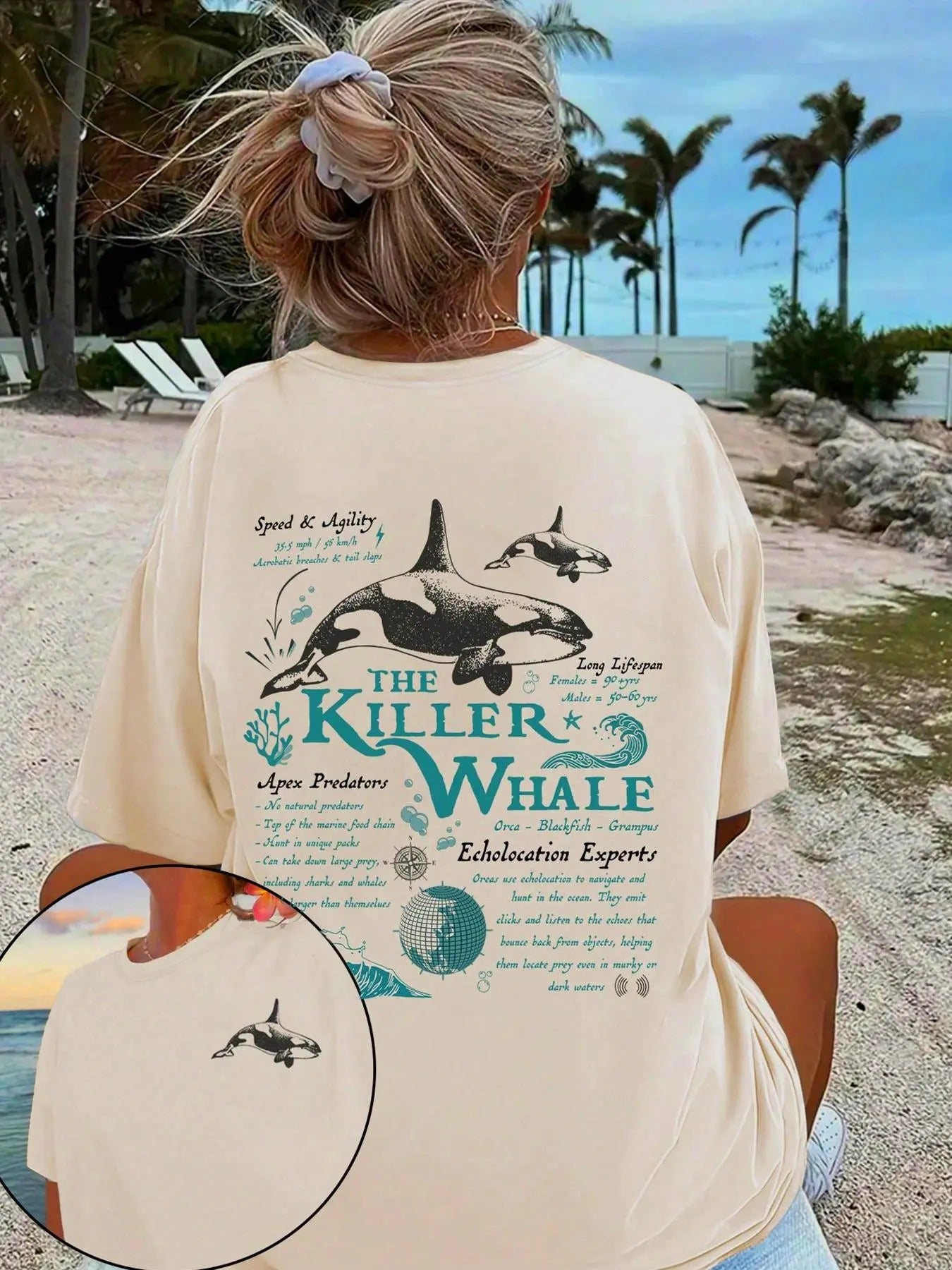 Women'WB shield Orca Whale & Letter Print Round Neck Tee, Casual Drop Shoulder Half Sleeve T-shirt for Summer, Ladies TNF...