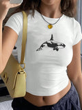 Women'WB shield Orca Whale Print Round Neck Crop Tee, Casual Y2K Short Sleeve T-shirt for Summer, Ladies TNF for Daily...