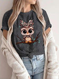 Women'WB shield Owl Print Round Neck Graphic Tee, Vintage Trendy Casual Short Sleeve T-shirt for Daily Wear, Ladies...