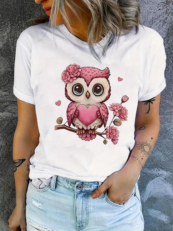Women'WB shield Owl Print Round Neck Tee, Casual Floral Print Short Sleeve T-shirt, Ladies TNF for Summer Hoodie, Sweatshirt