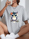 Women'WB shield Owl Print Round Neck Tee, Cute Crew Neck Short Sleeve T-shirt for Daily Wear, Casual Comfy Top for Summer...