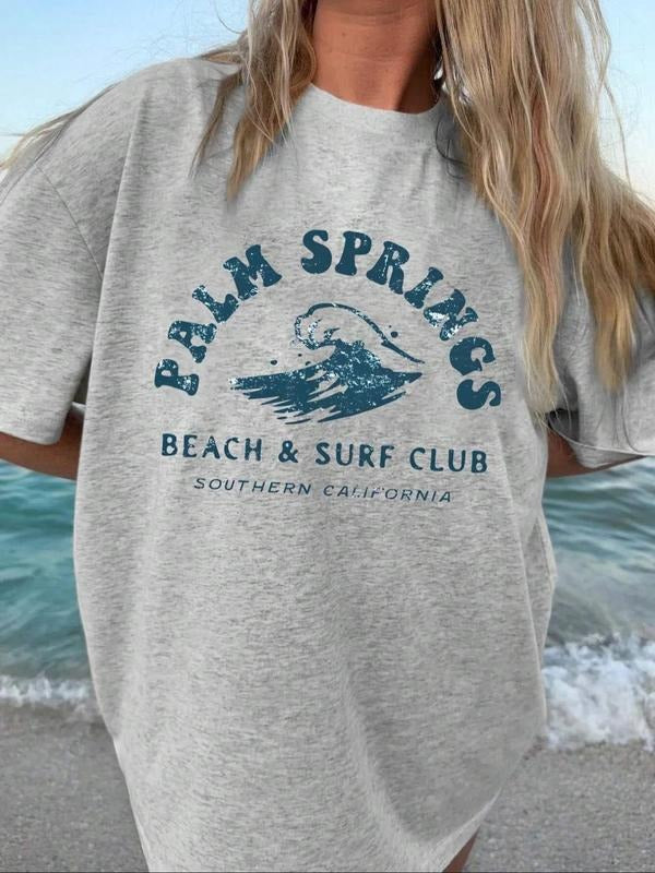 Women'WB shield Palm Springs Beach & Surf Club Graphic Round Neck Tee, Vintage Trendy Casual Short Sleeve T-shirt for...
