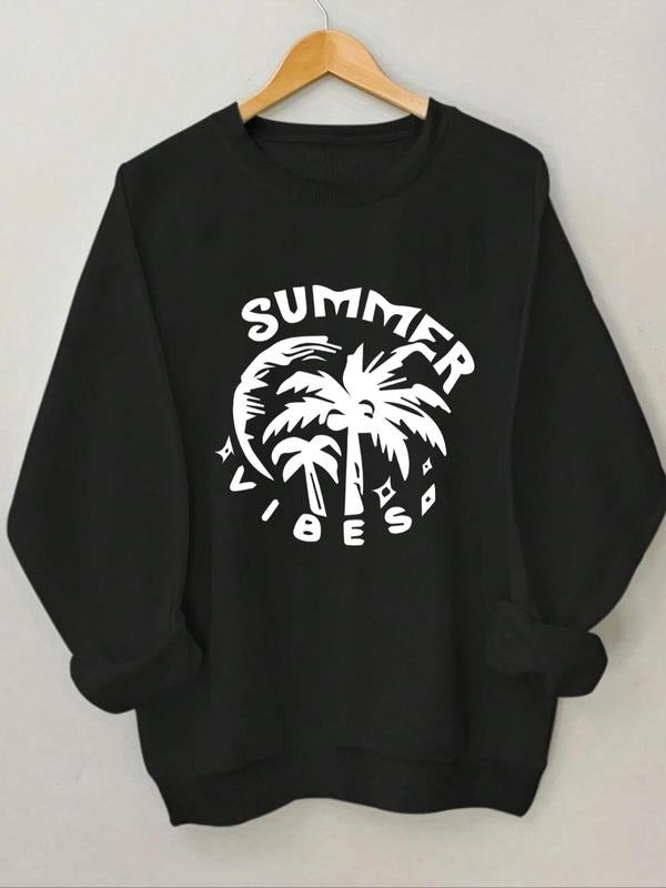 Women'WB shield Palm Tree & Letter Print Crew Neck Sweatshirt, Casual Long Sleeve Pullover for Fall & Winter, Women'WB...