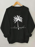 Women'WB shield Palm Tree & Letter Print Round Neck Sweatshirt, Casual Long Sleeve Crew Neck Pullover for Spring & Fall,...