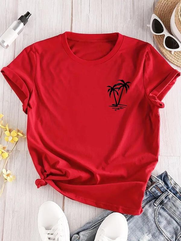 Women'WB shield Palm Tree Print Round Neck Tee, Casual Short Sleeve Crew Neck T-shirt for Daily Wear, Ladies TNF for...