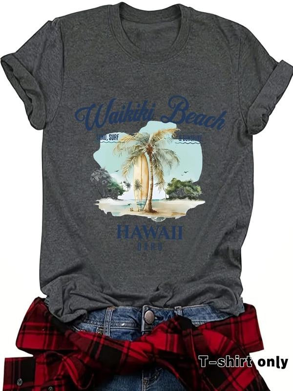 Women'WB shield Palm Tree Print Round Neck Tee, Vintage Trendy Casual Short Sleeve T-shirt for Daily Wear, Ladies Summer...