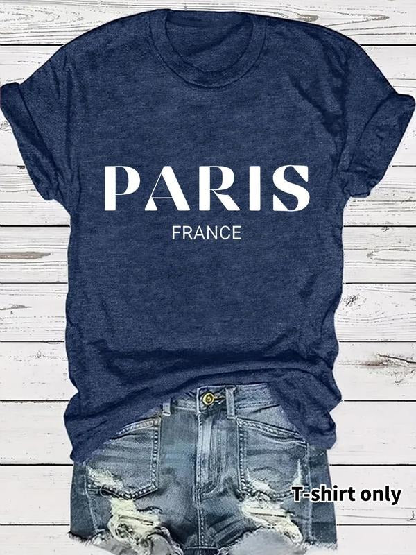 Women'WB shield Paris Print Round Neck Tee, Casual Short Sleeve Crew Neck T-Shirt for Spring, Fashion Women'WB shield Top...