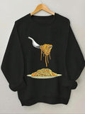 Women'WB shield Pasta Print Round Neck Sweatshirt, Casual Long Sleeve Pullover for Spring & Fall, Women'WB shield TNF for...