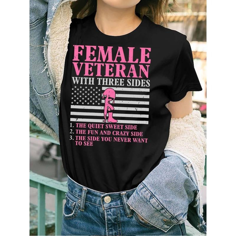 Women'WB shield Patriotic "Three-Sided Female Veteran" Graphic T-Shirt