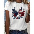Women'WB shield Patriotic American Flag Butterfly & Roses Print Cotton T-Shirt