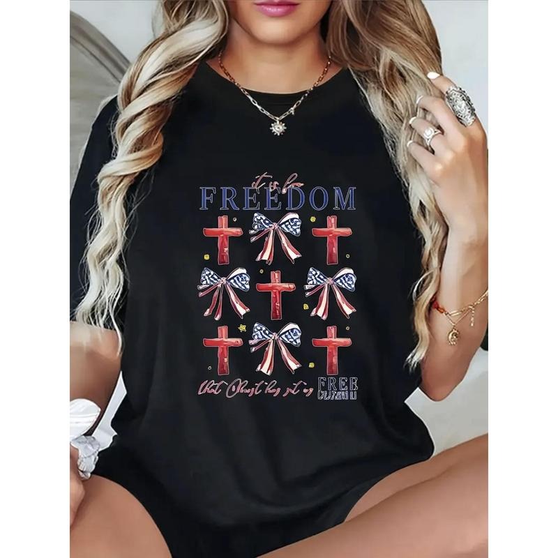 Women'WB shield Patriotic American Flag Cross Print T-Shirt
