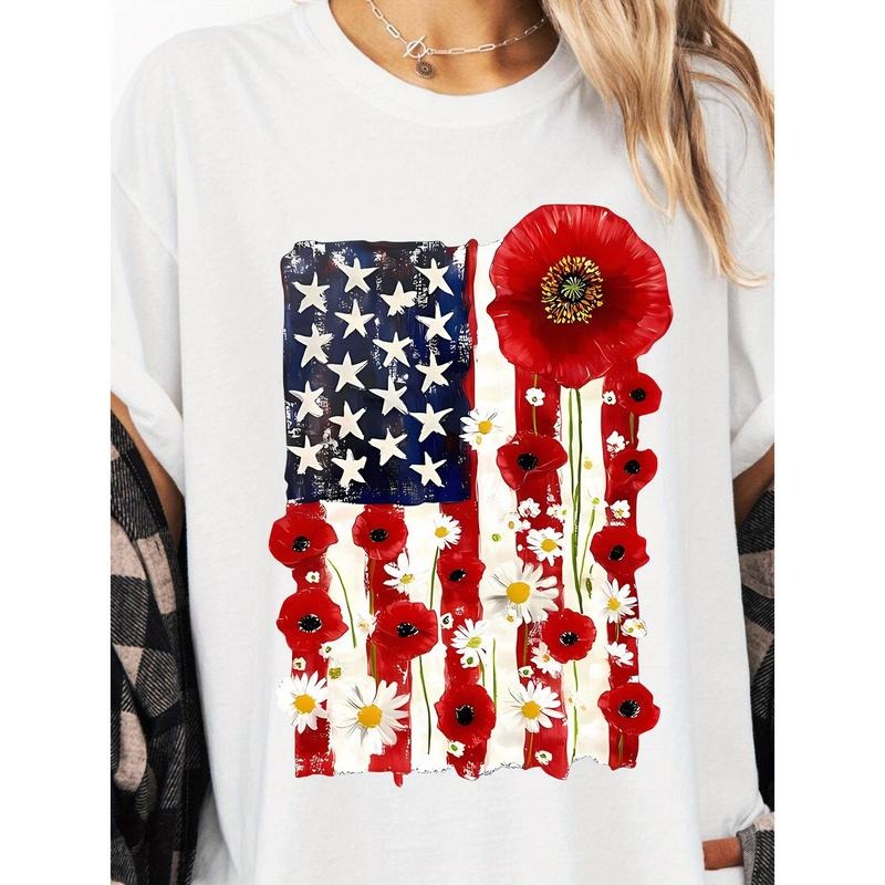 Women'WB shield Patriotic American Flag Floral T-Shirt