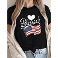 Women'WB shield Patriotic American Flag Heart & Blessed Script 100% T-Shirt - Comfort Fit Round Neck, 180gsm All-Season...