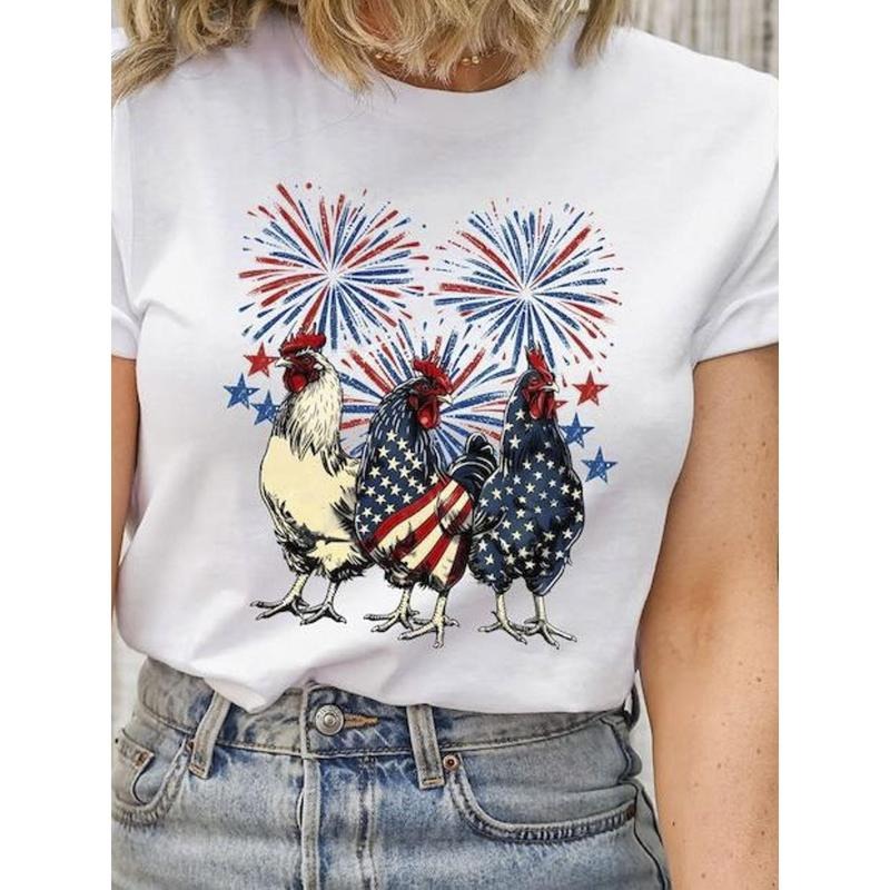 Women'WB shield Patriotic American Flag Rooster & Fireworks Print 100% Cotton T-Shirt