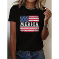 Women'WB shield Patriotic MERICA Graphic T-Shirt - Distressed American Flag Print, Black Casual Crew Neck Short Sleeve...