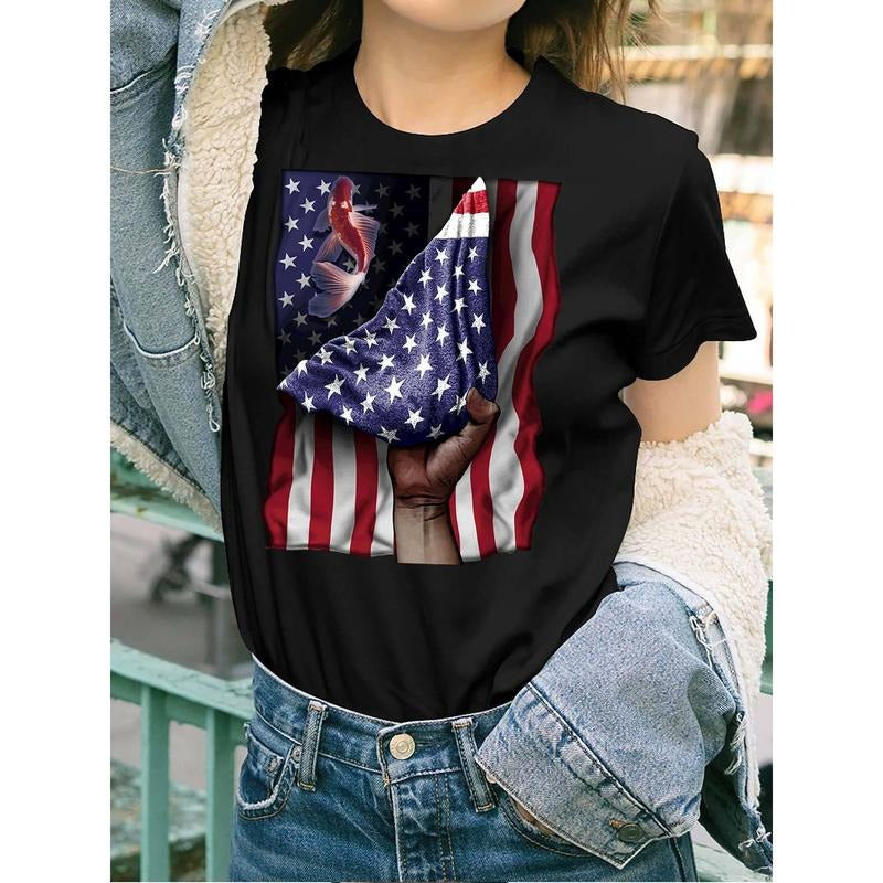 Women'WB shield Patriotic US Flag & Koi Fish Graphic Short Sleeve T-Shirt