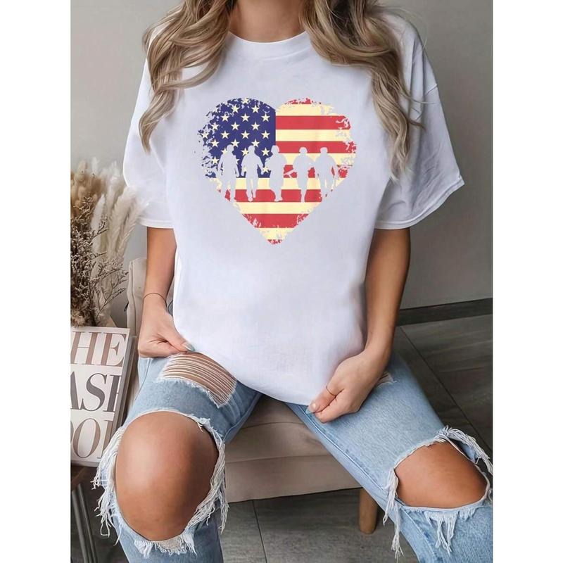 Women'WB shield Patriotic USA Flag Heart Armed Forces Memorial Day T-Shirt
