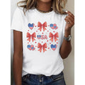Women'WB shield Patriotic USA Flag Heart Bow Print T-Shirt