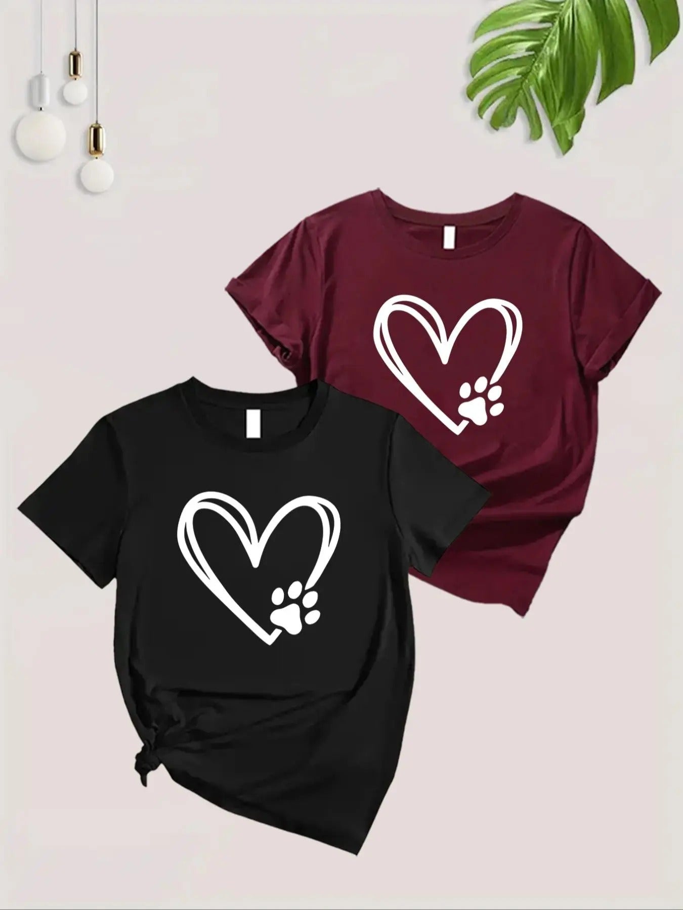Women'WB shield Paw & Heart Print Short Sleeve Tee, Casual Round Neck T-shirt for Summer, Ladies TNF for Daily Wear...
